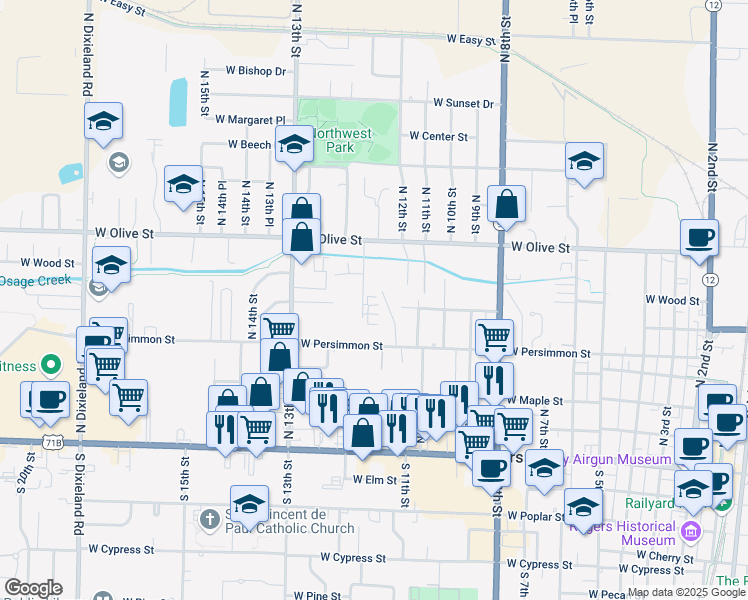 map of restaurants, bars, coffee shops, grocery stores, and more near 641 North 12th Place in Rogers