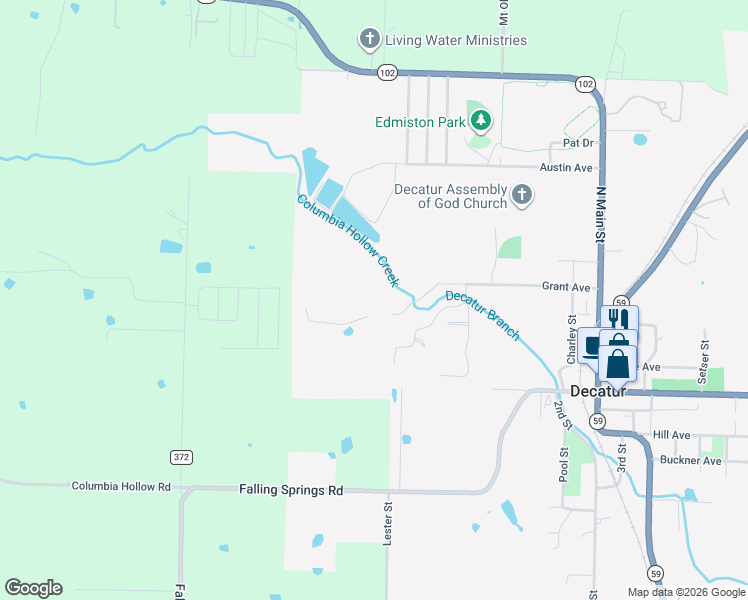 map of restaurants, bars, coffee shops, grocery stores, and more near 1001 Grant Avenue in Decatur