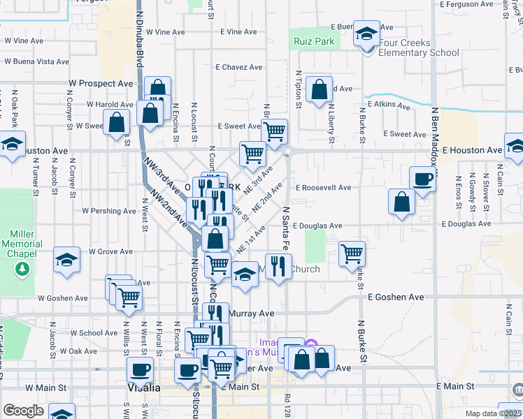 map of restaurants, bars, coffee shops, grocery stores, and more near 317 Northeast 2nd Avenue in Visalia