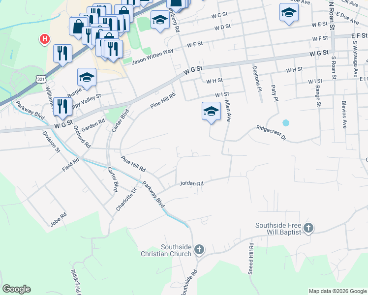 map of restaurants, bars, coffee shops, grocery stores, and more near 609 Evergreen Lane in Elizabethton