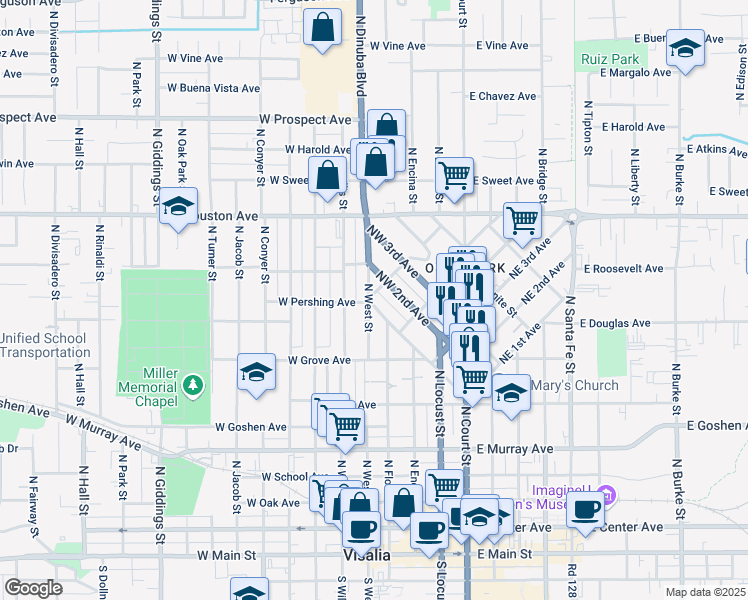map of restaurants, bars, coffee shops, grocery stores, and more near 100 Strawberry Street in Visalia