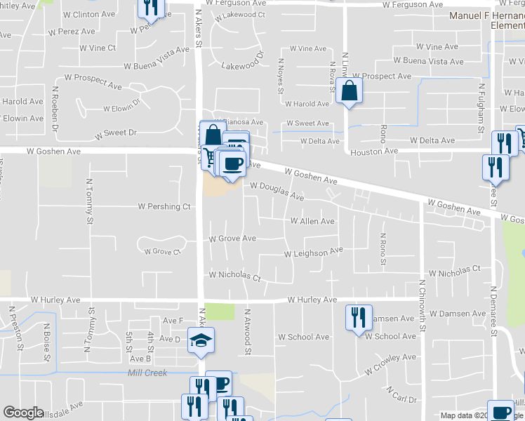 map of restaurants, bars, coffee shops, grocery stores, and more near 1116 North Crenshaw Street in Visalia