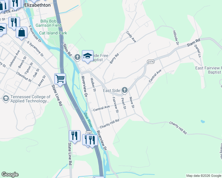 map of restaurants, bars, coffee shops, grocery stores, and more near 1219 Siam Road in Elizabethton