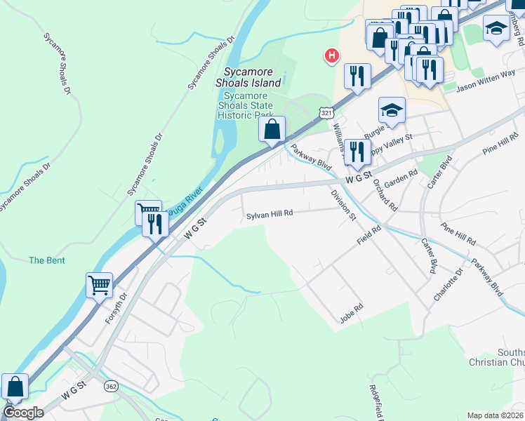 map of restaurants, bars, coffee shops, grocery stores, and more near 1753 Sylvan Hill Road in Elizabethton