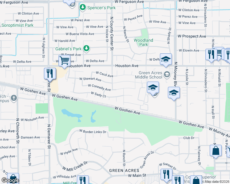 map of restaurants, bars, coffee shops, grocery stores, and more near 2841 West Connelly Avenue in Visalia