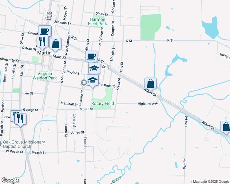 map of restaurants, bars, coffee shops, grocery stores, and more near 127 Meek Street in Martin
