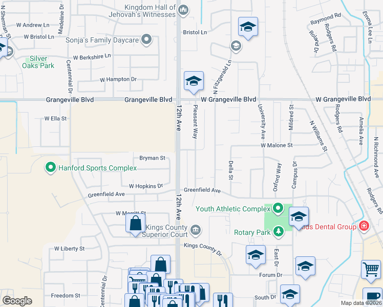 map of restaurants, bars, coffee shops, grocery stores, and more near 1284 Pleasant Way in Hanford