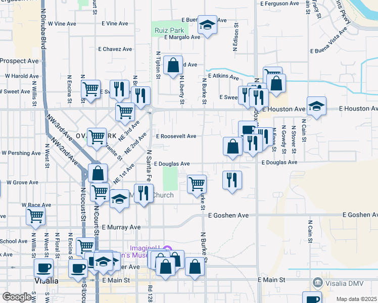 map of restaurants, bars, coffee shops, grocery stores, and more near 748 East Douglas Avenue in Visalia