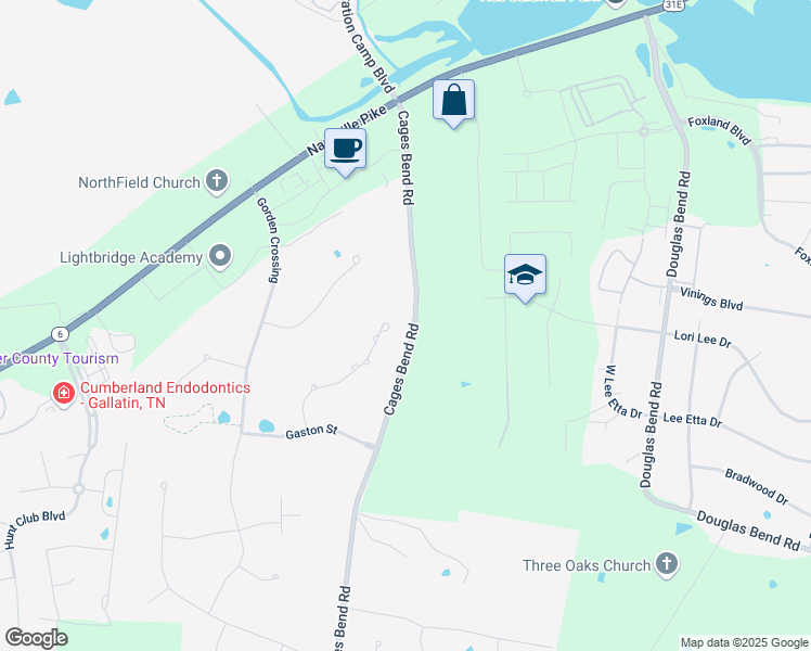 map of restaurants, bars, coffee shops, grocery stores, and more near 122 Tattnall Court in Gallatin