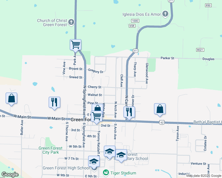 map of restaurants, bars, coffee shops, grocery stores, and more near 307 Cherry Street in Green Forest