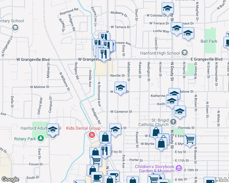 map of restaurants, bars, coffee shops, grocery stores, and more near 1264 Middleton Street in Hanford