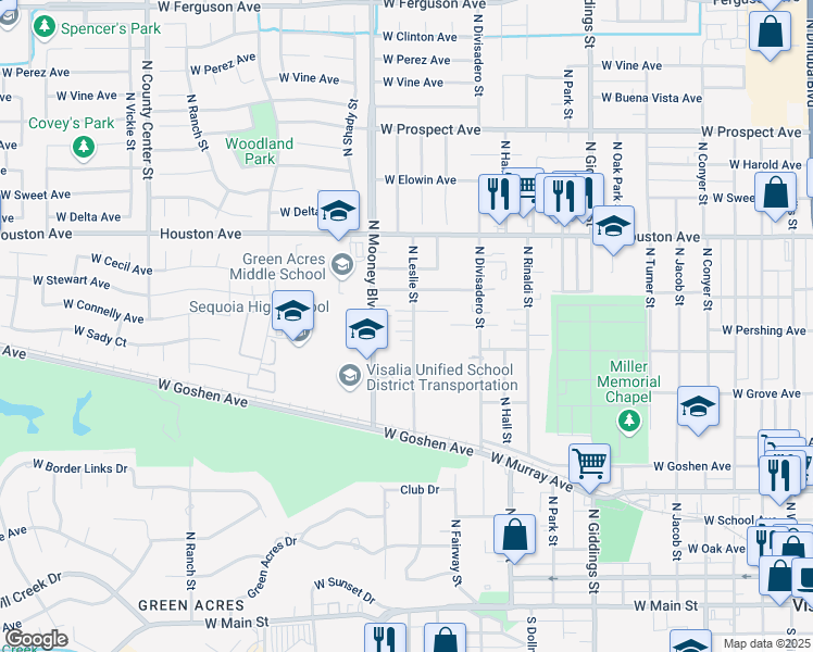 map of restaurants, bars, coffee shops, grocery stores, and more near 1029 North Leslie Street in Visalia