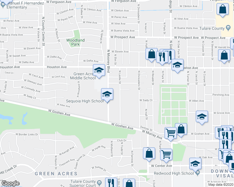 map of restaurants, bars, coffee shops, grocery stores, and more near 1035 North Leslie Street in Visalia