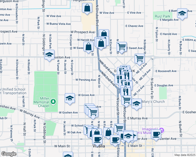 map of restaurants, bars, coffee shops, grocery stores, and more near 100 Strawberry Street in Visalia