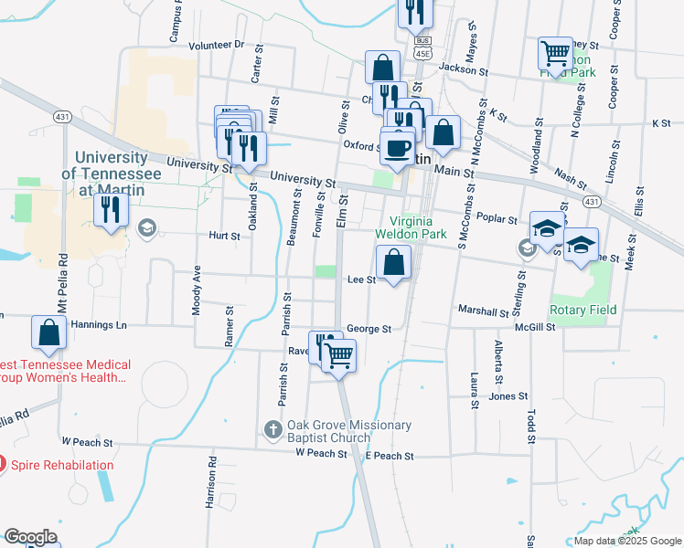 map of restaurants, bars, coffee shops, grocery stores, and more near 301A Elm Street in Martin
