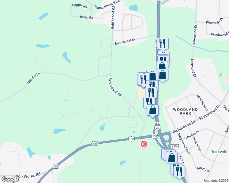map of restaurants, bars, coffee shops, grocery stores, and more near 2722 Reid School Road in Reidsville