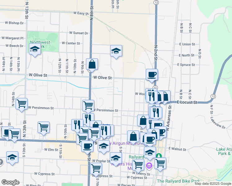 map of restaurants, bars, coffee shops, grocery stores, and more near 701 North 6th Street in Rogers