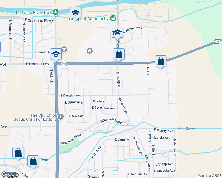 map of restaurants, bars, coffee shops, grocery stores, and more near 1041 North Manzanita Street in Visalia