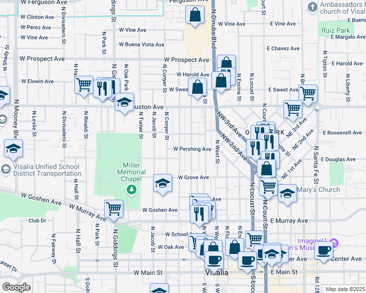 map of restaurants, bars, coffee shops, grocery stores, and more near 1000 North Stevenson Street in Visalia
