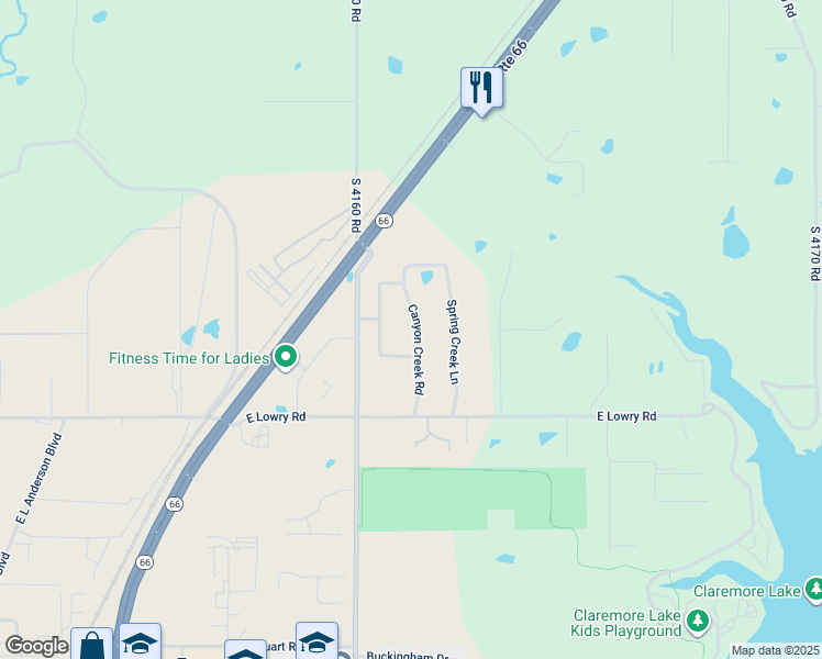 map of restaurants, bars, coffee shops, grocery stores, and more near 18830 Canyon Creek Road in Claremore