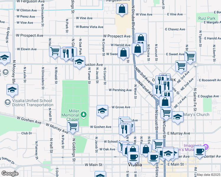 map of restaurants, bars, coffee shops, grocery stores, and more near 1001 North Stevenson Street in Visalia