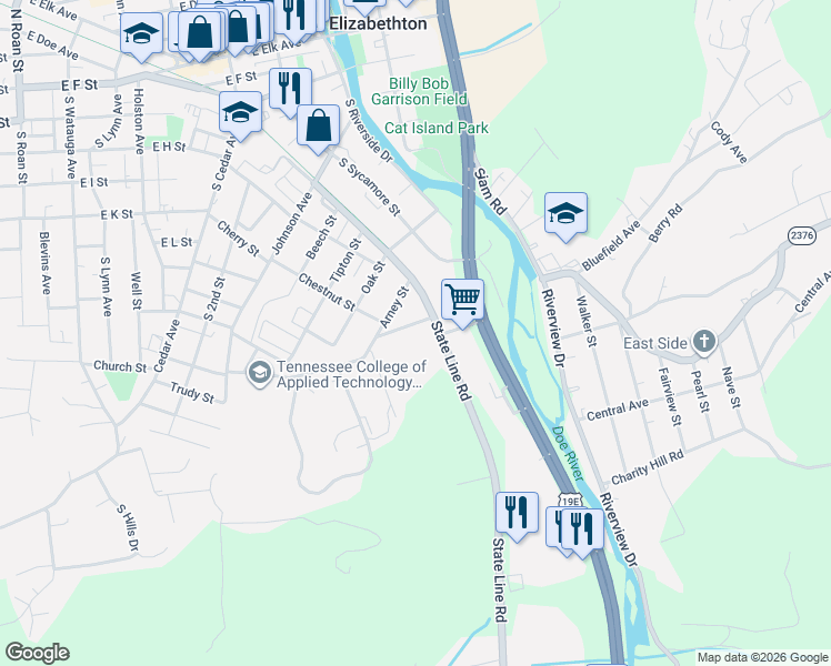 map of restaurants, bars, coffee shops, grocery stores, and more near 1108 Park Avenue in Elizabethton
