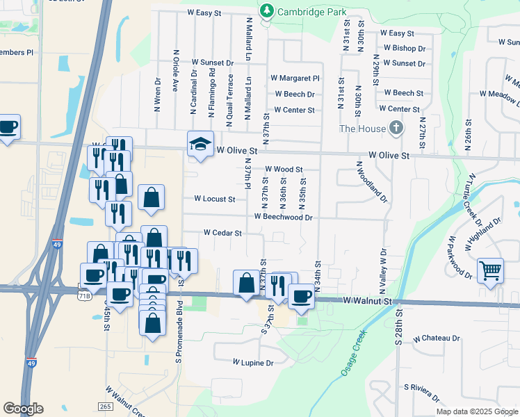 map of restaurants, bars, coffee shops, grocery stores, and more near 506 North 37th Street in Rogers