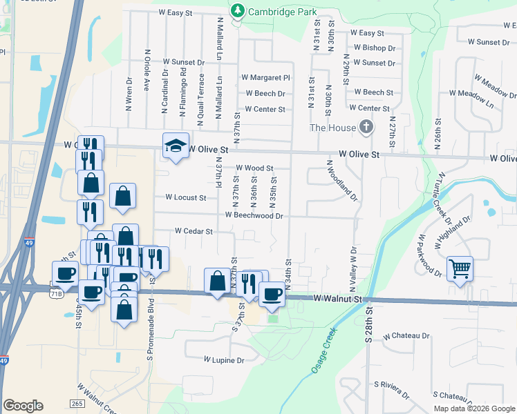 map of restaurants, bars, coffee shops, grocery stores, and more near 505 N 36th St in Rogers