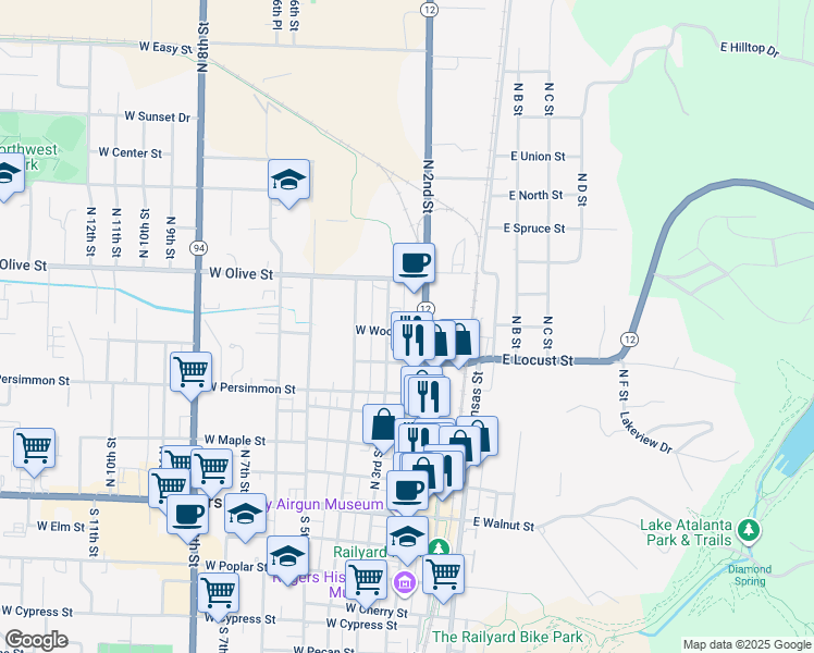 map of restaurants, bars, coffee shops, grocery stores, and more near 203 West Wood Street in Rogers