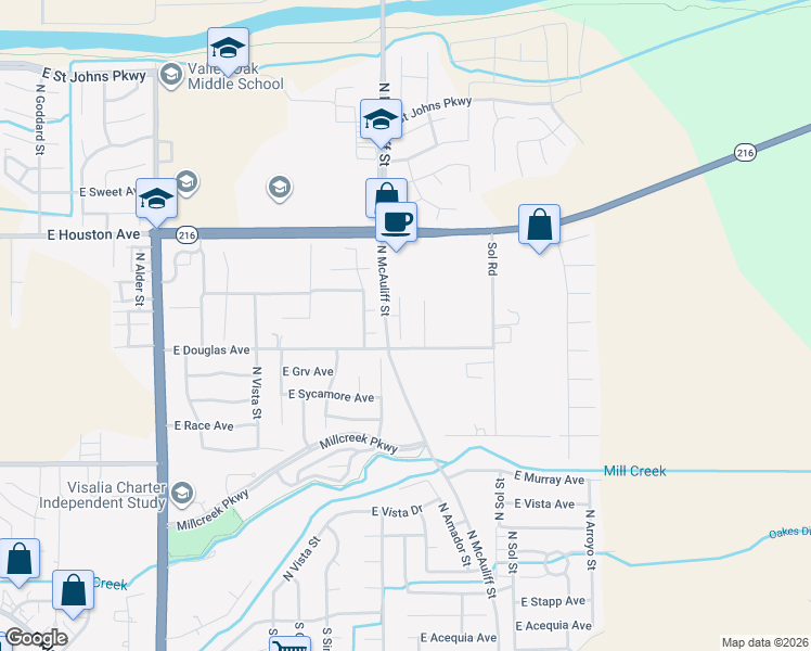 map of restaurants, bars, coffee shops, grocery stores, and more near 1031 North Sumter Court in Visalia