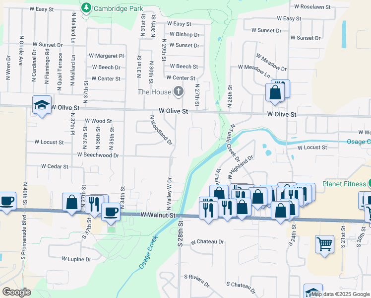 map of restaurants, bars, coffee shops, grocery stores, and more near 702 North 28th Street in Rogers