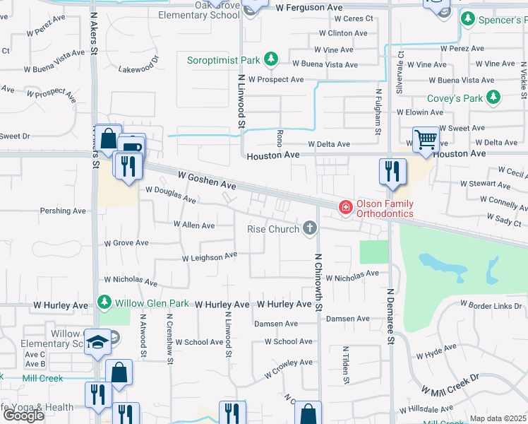 map of restaurants, bars, coffee shops, grocery stores, and more near 4416 West Douglas Avenue in Visalia