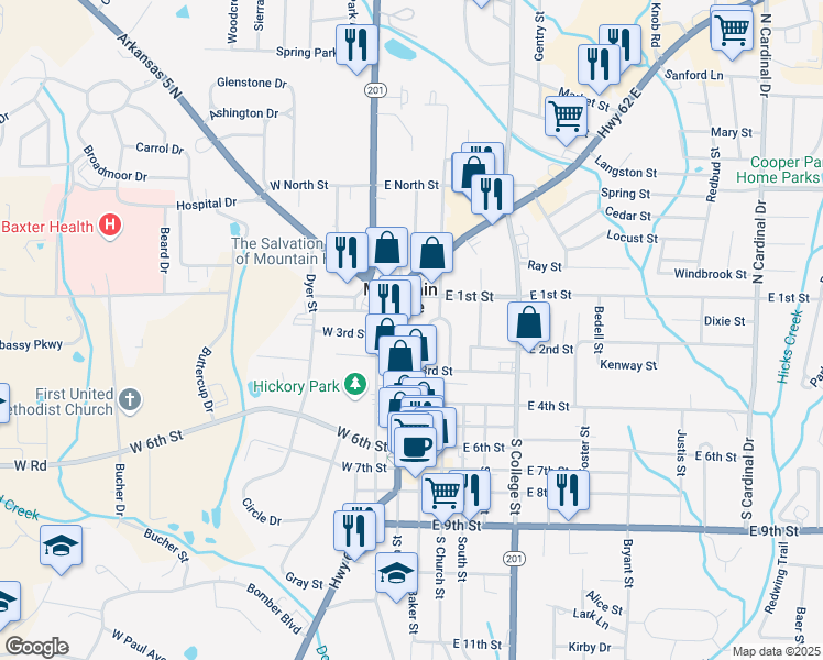 map of restaurants, bars, coffee shops, grocery stores, and more near 153 South Main Street in Mountain Home