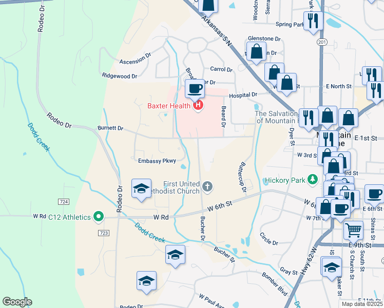 map of restaurants, bars, coffee shops, grocery stores, and more near 201-595 Bucher Drive in Mountain Home