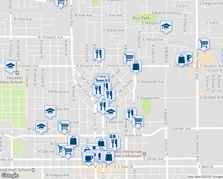 map of restaurants, bars, coffee shops, grocery stores, and more near 298 Granite Street in Visalia