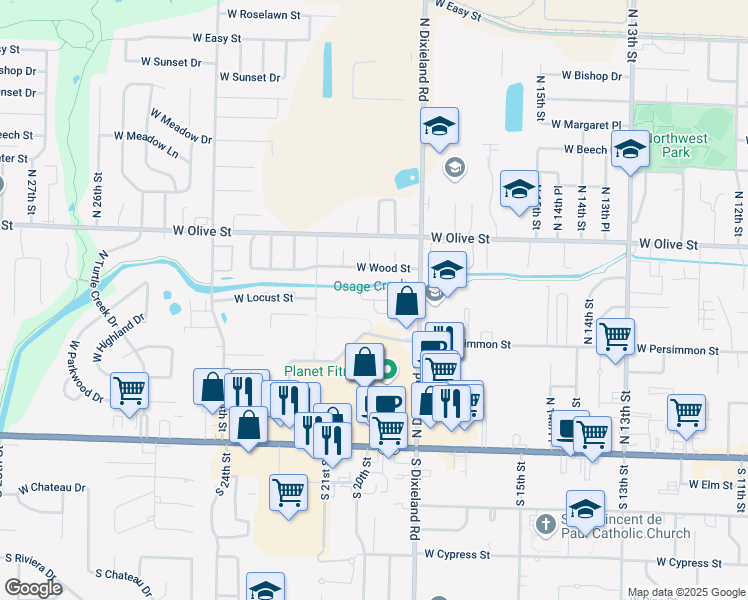 map of restaurants, bars, coffee shops, grocery stores, and more near 508 N Dixieland Rd in Rogers