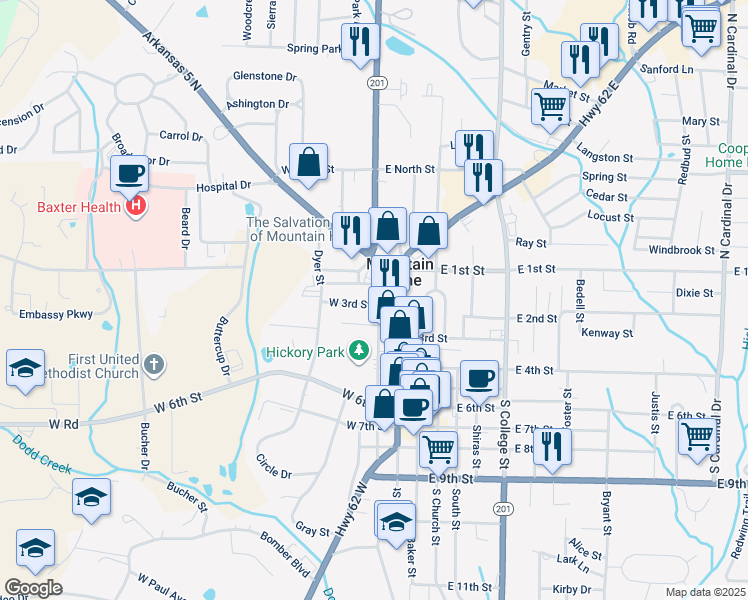 map of restaurants, bars, coffee shops, grocery stores, and more near 201 West 3rd Street in Mountain Home