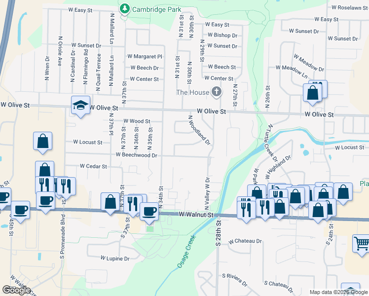 map of restaurants, bars, coffee shops, grocery stores, and more near 2908 West Driftwood Lane in Rogers