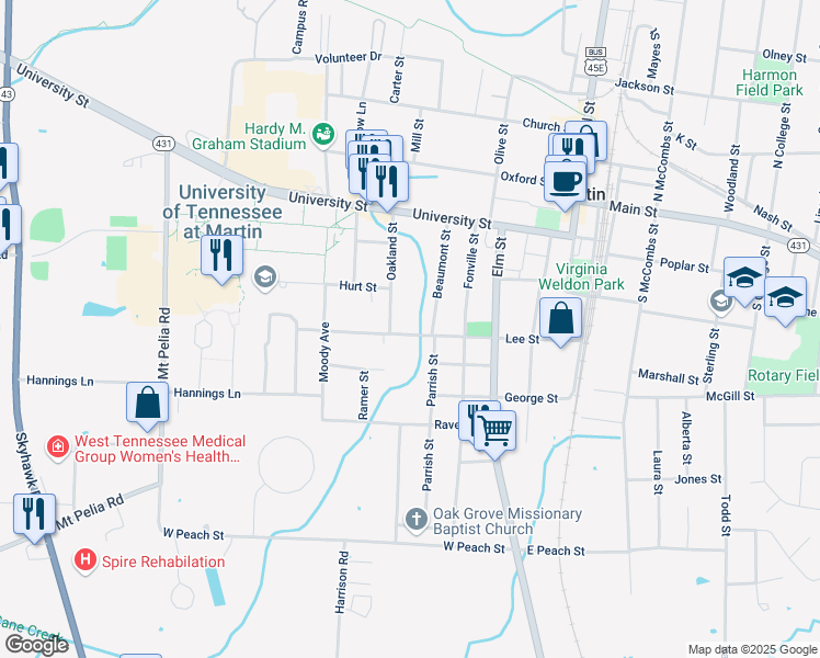 map of restaurants, bars, coffee shops, grocery stores, and more near 409 Lee Street in Martin