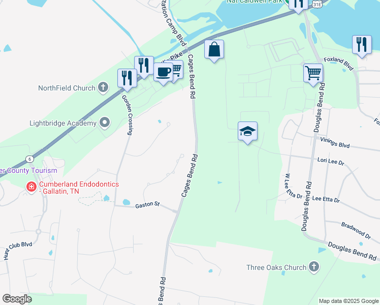 map of restaurants, bars, coffee shops, grocery stores, and more near 122 Tattnall Court in Gallatin