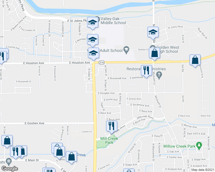 map of restaurants, bars, coffee shops, grocery stores, and more near 1044 North Palm Street in Visalia