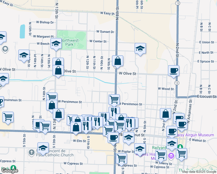 map of restaurants, bars, coffee shops, grocery stores, and more near 612 North 8th Street in Rogers