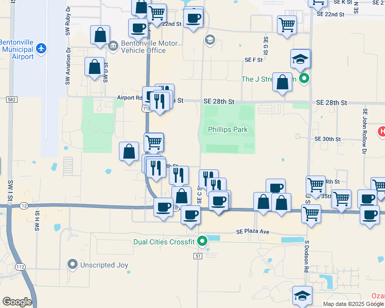 map of restaurants, bars, coffee shops, grocery stores, and more near 3200 Southeast C Street in Bentonville