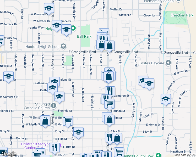 map of restaurants, bars, coffee shops, grocery stores, and more near 1301 North Alta Way in Hanford