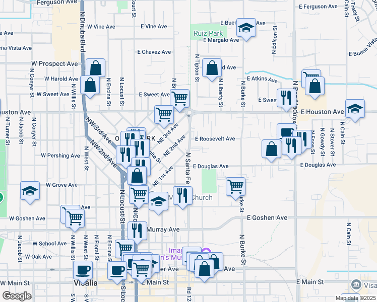map of restaurants, bars, coffee shops, grocery stores, and more near 802 North Santa Fe Street in Visalia