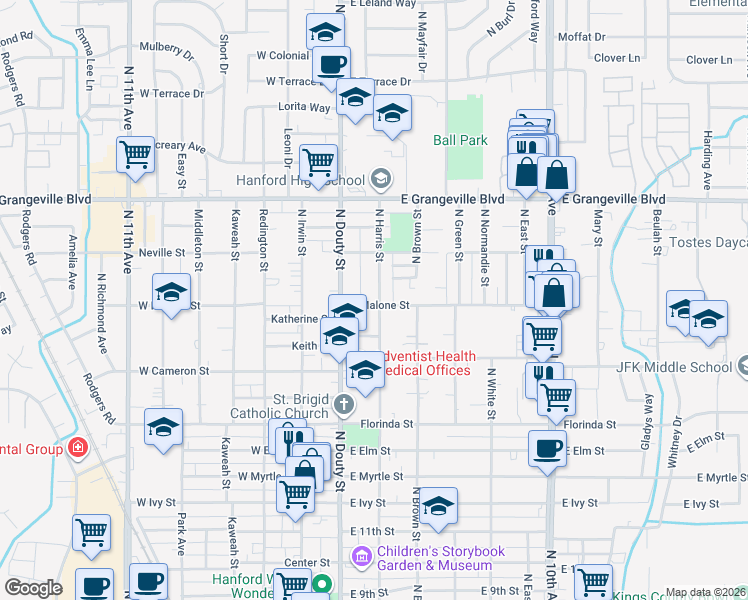 map of restaurants, bars, coffee shops, grocery stores, and more near 119-199 East Malone Street in Hanford