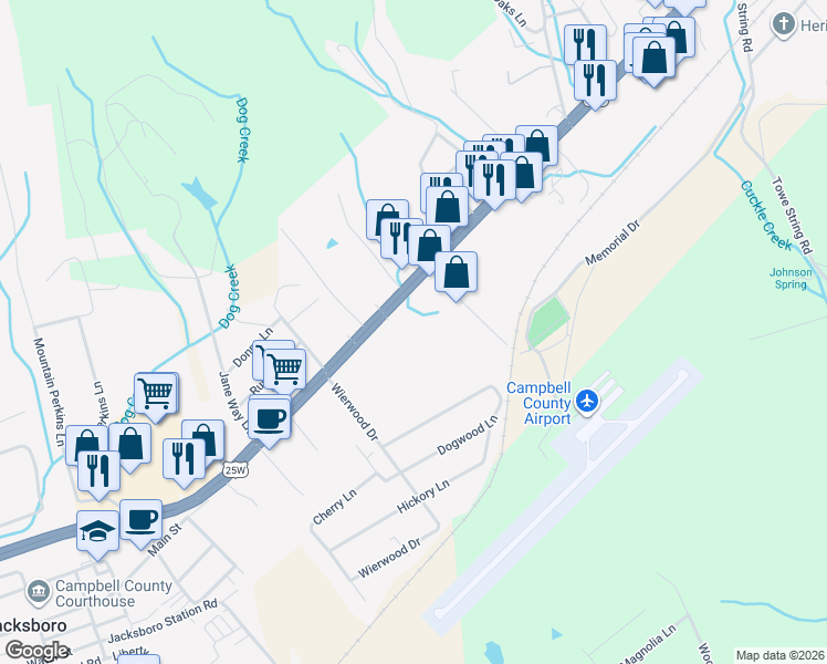 map of restaurants, bars, coffee shops, grocery stores, and more near 2525 Jacksboro Pike in Jacksboro