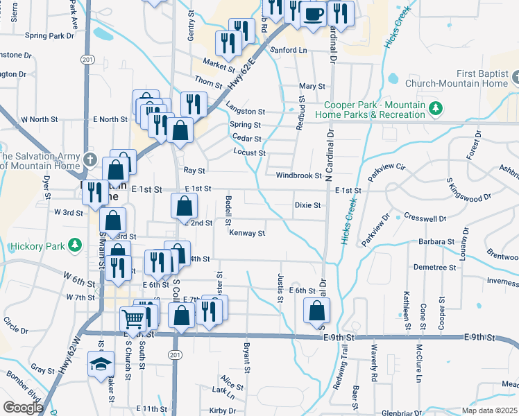 map of restaurants, bars, coffee shops, grocery stores, and more near 709 East 2nd Street in Mountain Home