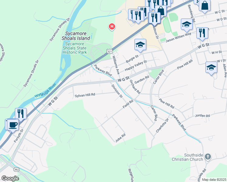map of restaurants, bars, coffee shops, grocery stores, and more near 1711 Sylvan Hill Road in Elizabethton
