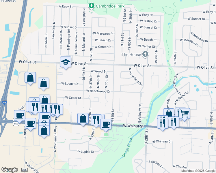 map of restaurants, bars, coffee shops, grocery stores, and more near 3403 West Beechwood Drive in Rogers